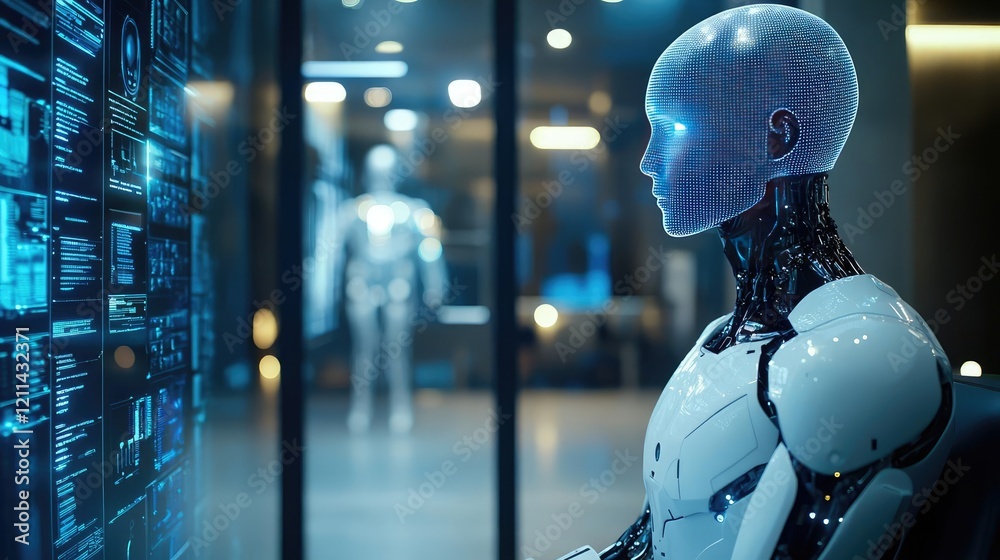 Aufkleber Automated teaching ai idea. A futuristic robot analyzing data in a high-tech environment.