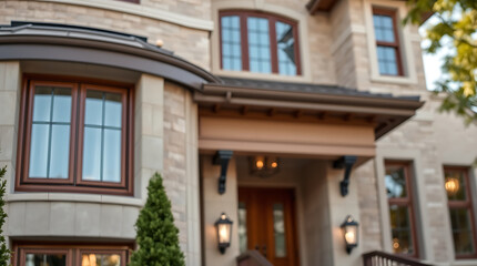 Obraz premium Luxury House Exterior: Dream Home Design and Architecture. Stone Facade, Elegant Entrance, and Curb Appeal