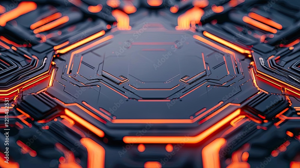 Poster adaptive technology ai concept. futuristic circuit design featuring glowing orange elements on a dar
