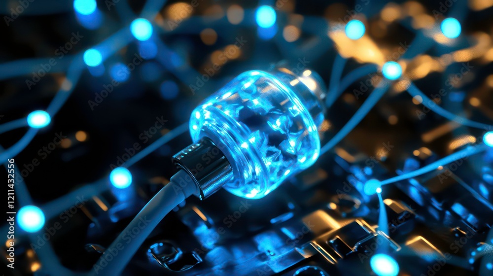 Poster Glowing blue connector on circuit board with light strings.