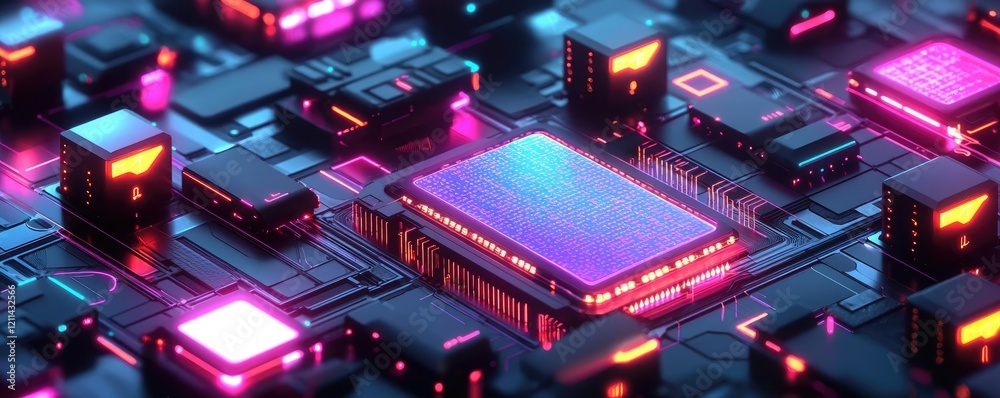 Poster adaptive technology ai concept. futuristic circuit board with vibrant neon lights and intricate deta