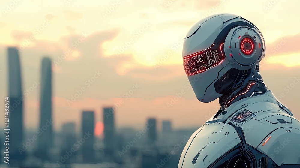 Poster adaptive technology ai concept. futuristic robot overlooking a modern cityscape at sunset, symbolizi