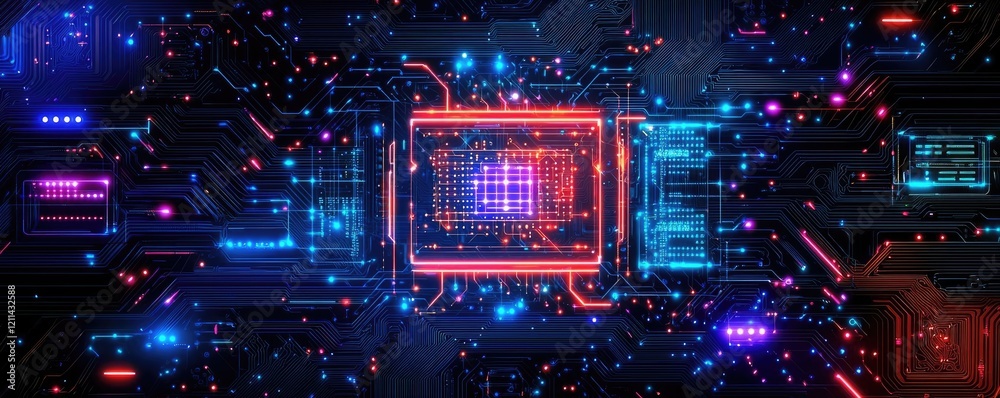 Poster adaptive technology ai concept. futuristic circuit board with vibrant lights and intricate designs s