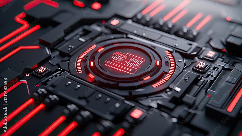 Poster adaptive technology ai concept. futuristic circuit board with red lights and intricate design, conve