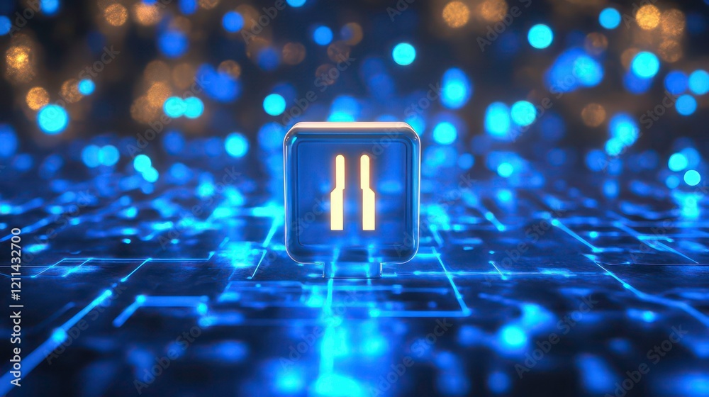 Poster Glowing pause button icon on digital circuit board.