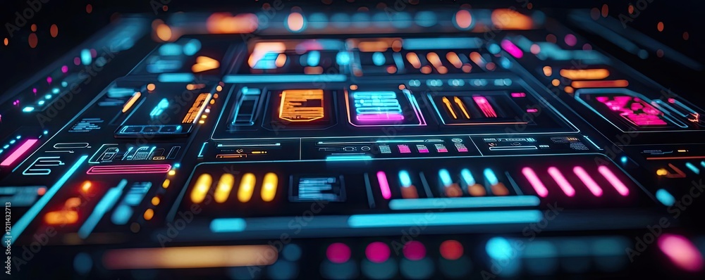 Poster adaptive technology ai concept. futuristic digital interface with vibrant colors and illuminated ele