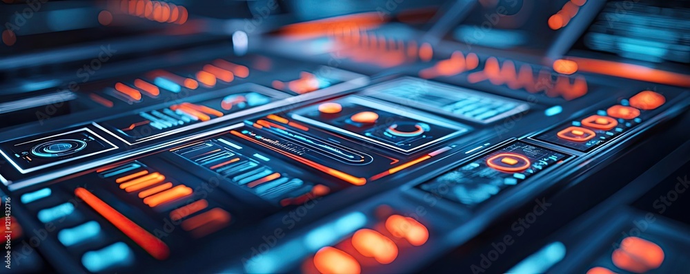 Poster Interactive tools ai concept. Futuristic control panel with glowing buttons and screens in a sci-fi design.