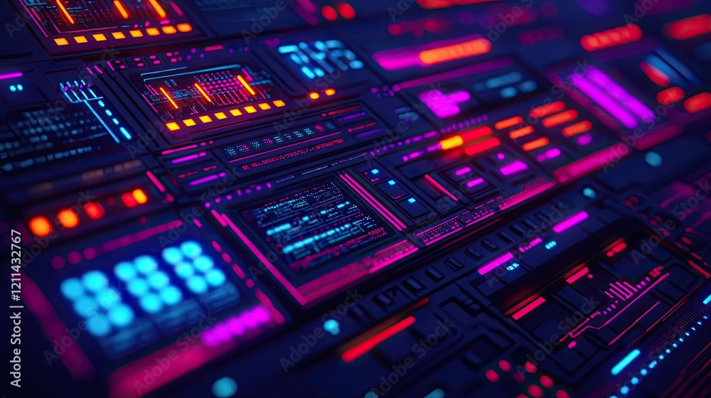 Poster interactive tools ai concept. abstract futuristic digital interface with vibrant neon colors and glo