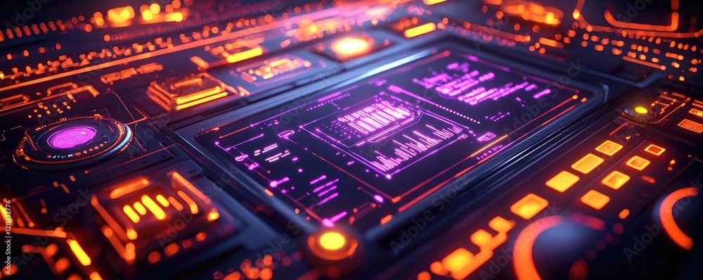 Poster Interactive tools ai concept. Futuristic circuit board design with colorful glowing elements and intricate details.