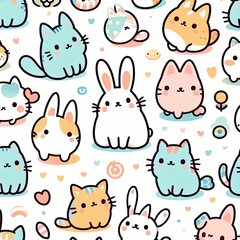 Obraz premium Adorable Kawaii Cartoon Animals Seamless Pattern Background