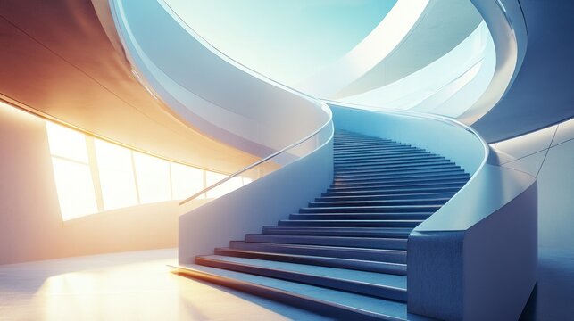 Modern architectural staircase with a curved design illuminated by natural light from nearby windows