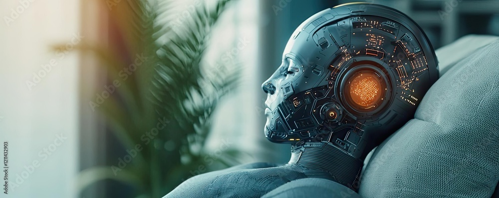 Poster artificial intelligence ai idea. futuristic humanoid robot resting, showcasing advanced design and i