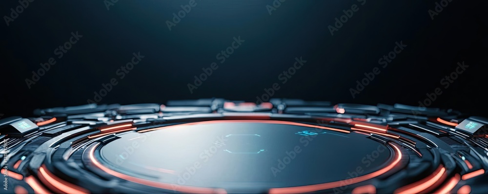 Poster Interactive tools ai concept. Futuristic digital interface with glowing circular patterns and dark background.