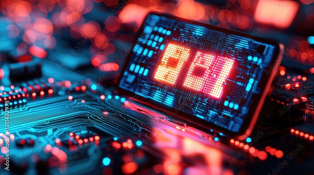 Poster Adaptive technology ai concept. Close-up of a digital display on a circuit board with colorful LED lights.