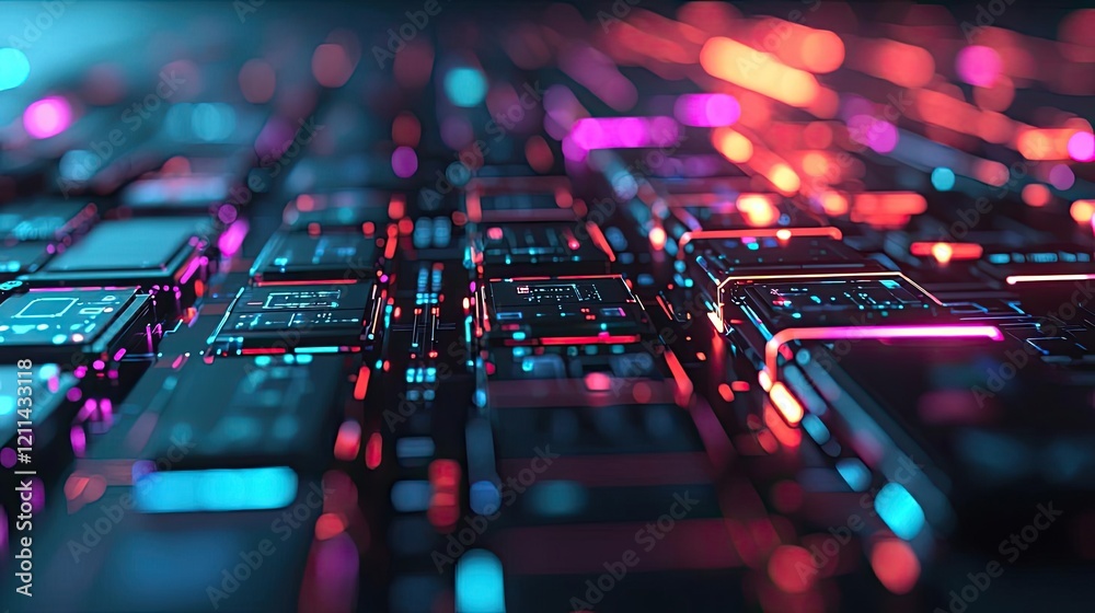 Poster Interactive tools ai concept. Close-up view of a colorful, illuminated circuit board with vibrant patterns.