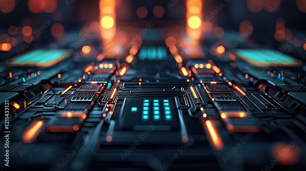 Poster Interactive tools ai concept. Close-up view of a futuristic circuit board with glowing orange and blue lights.