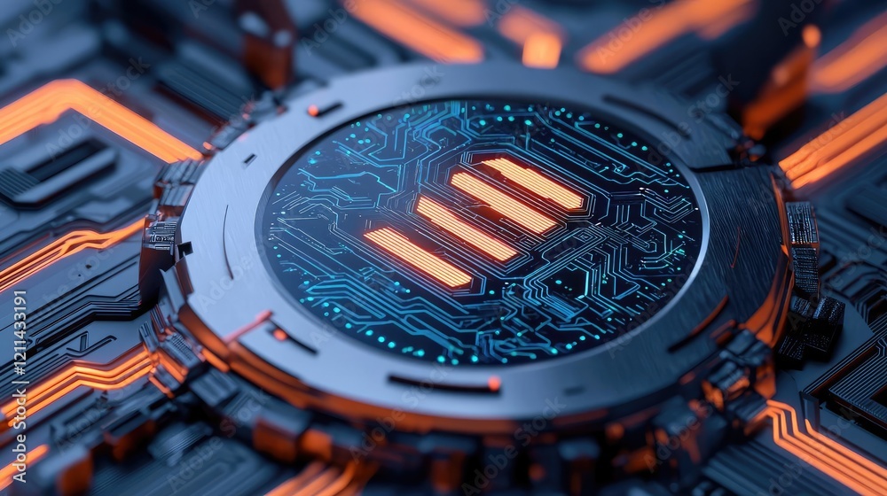 Aufkleber Artificial intelligence ai idea. Close-up view of a futuristic circuit board with glowing orange elements and intricate details.
