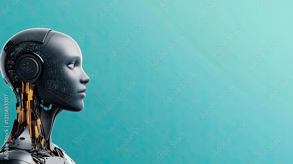 Poster interactive tools ai concept. a futuristic robot head showcasing advanced ai technology and design.