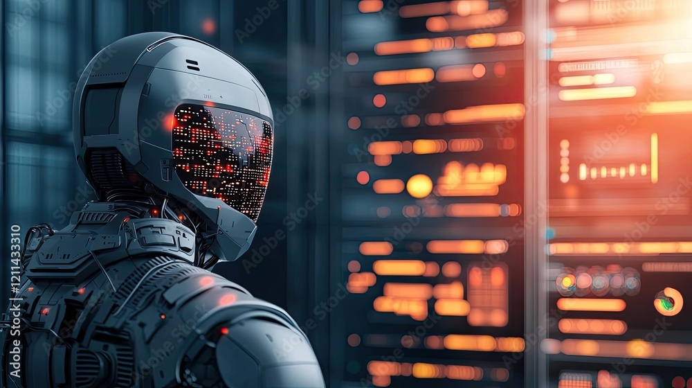 Aufkleber Interactive tools ai concept. A futuristic robot observing digital data in a high-tech environment.