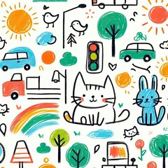 Childlike Drawing of Happy Animals Cars and Rainbow Seamless Pattern