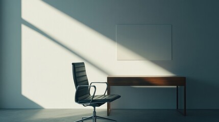 Sunlit Office Interior: Modern Desk, Chair, and Blank Canvas