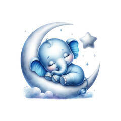 A cute baby elephant peacefully sleeping on a crescent moon surrounded by stars, perfect for children's room decor.