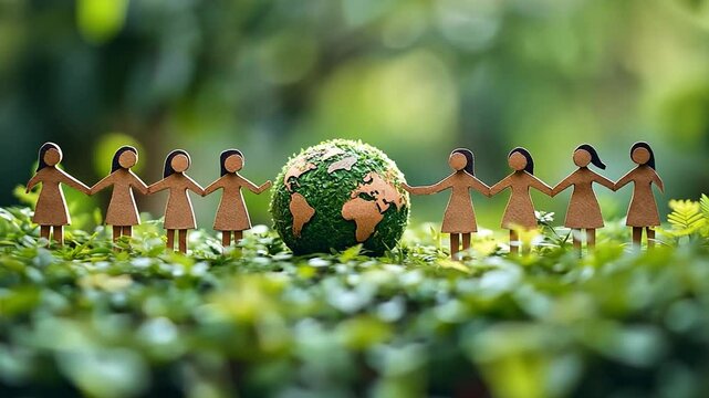 Global Unity:  A circle of paper women holding hands surrounds a miniature Earth, symbolizing environmental protection, global collaboration, and female empowerment.