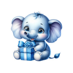 Cute blue elephant character with a gift box, perfect for children's themes, celebrations, or adorable illustrations.