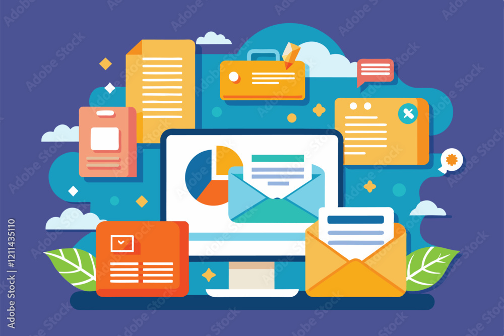 Poster digital communication illustrated with emails and documents displayed on a computer for easy access 