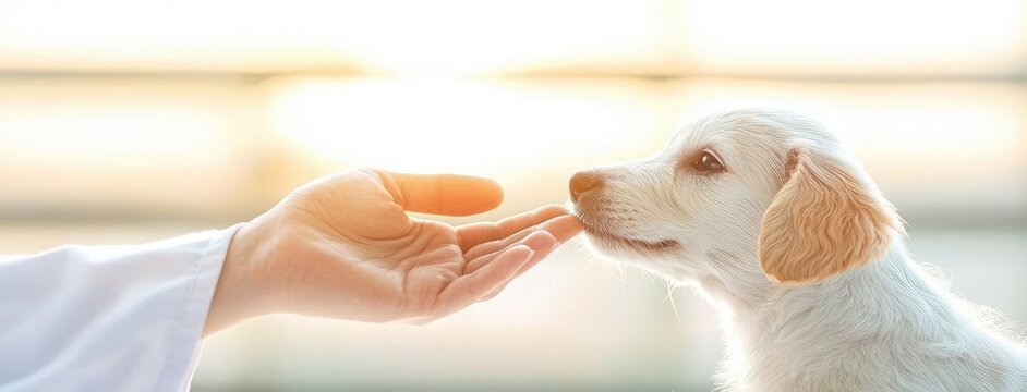 Pet health concept. A gentle moment shared between a person and a cute puppy in a bright environment.