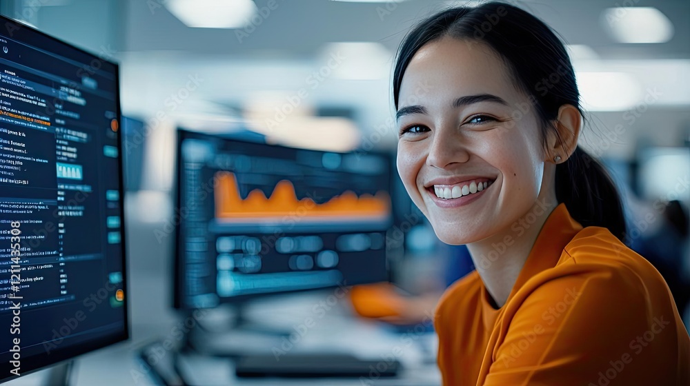 Poster student progress ai idea. a happy woman working with computers in a modern office environment.