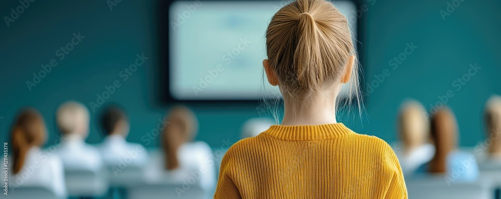 Poster automated teaching ai idea. a young girl attentively listening in a classroom setting, fostering lea