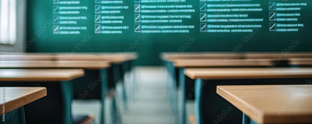 Poster Automated teaching ai idea. An empty classroom with desks arranged neatly, chalkboard filled with notes in background.