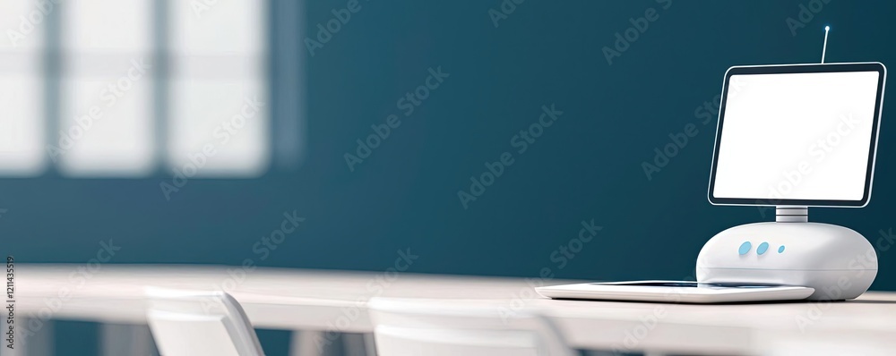 Poster Automated teaching ai idea. Modern workspace with a sleek touchscreen device on a clean table in a minimalist setting.