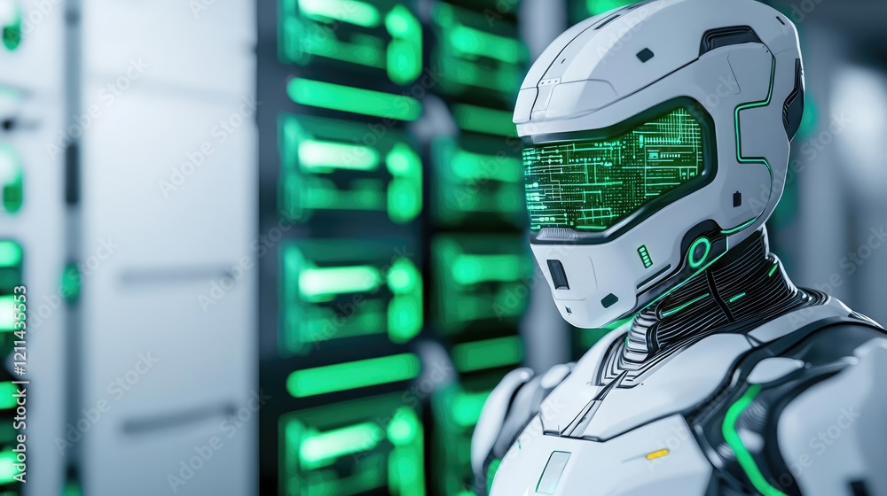 Poster Intelligent tutoring ai concept. Futuristic robot with a sleek design in a high-tech data center environment.