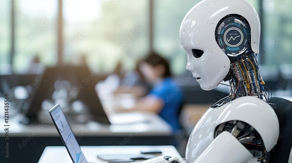 Poster Student progress ai idea. A humanoid robot working on a laptop in a modern office environment.