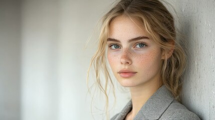 Portrait of a Young Woman with Freckles and Blonde Hair