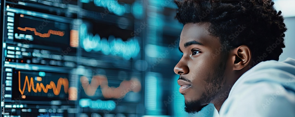 Aufkleber Student progress ai idea. Focused individual analyzing data on advanced computer screens in a modern workspace.