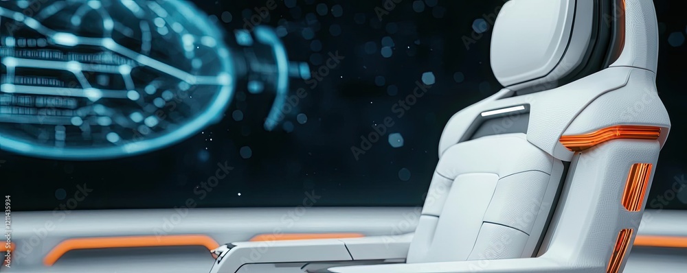 Poster automated teaching ai idea. futuristic white chair with sleek design and advanced holographic interf