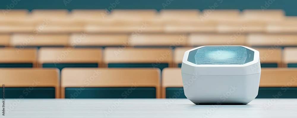 Aufkleber Automated teaching ai idea. A modern device placed on a table in an empty classroom setting.