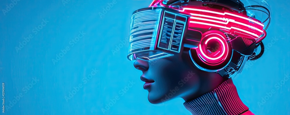 Aufkleber automated teaching ai idea. futuristic mannequin with neon lights and advanced tech visor against a 