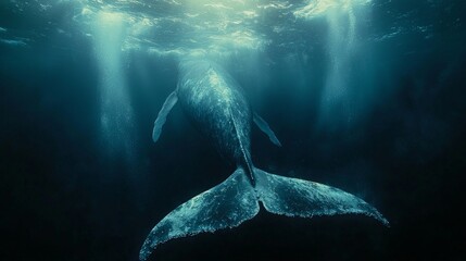 Naklejka premium an enormous tail of a blue whale slapping the water