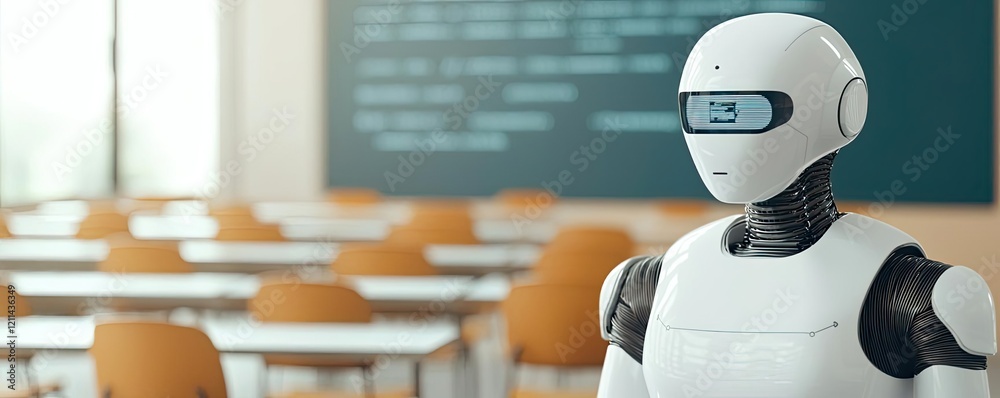 Poster Automated teaching ai idea. A humanoid robot stands in a modern classroom setting ready for educational activities.
