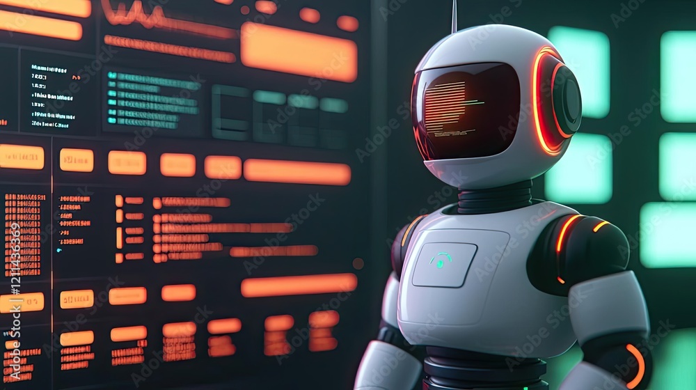 Aufkleber Intelligent tutoring ai concept. Futuristic robot interacting with digital interface and data visualization.