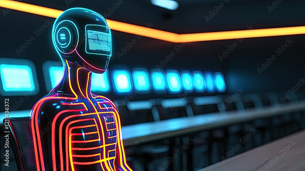 Poster intelligent tutoring ai concept. futuristic robotic figure illuminated with neon lights in a modern 