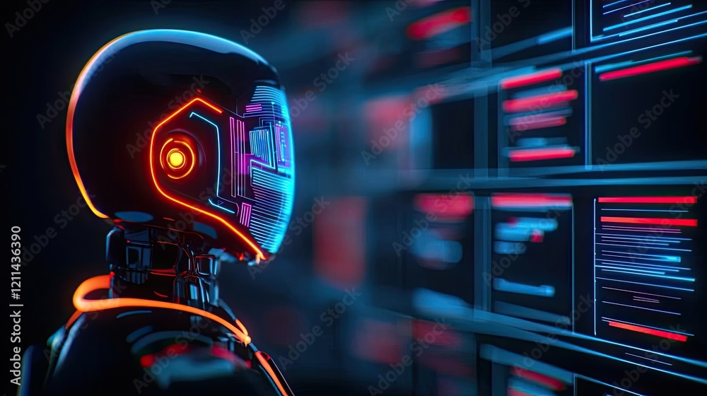 Fototapete intelligent tutoring ai concept. futuristic robot analyzing data in a neon-lit environment.