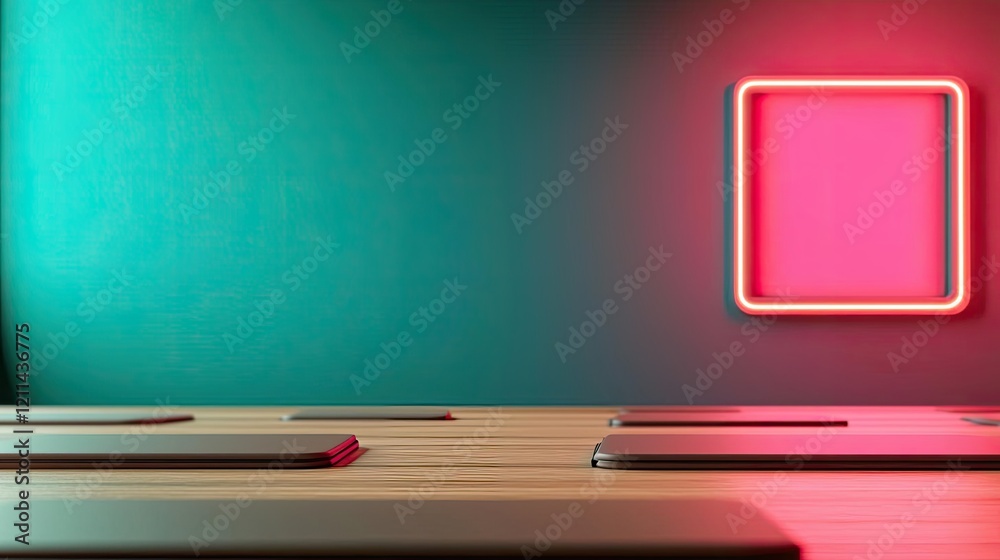 Poster automated teaching ai idea. modern workspace with neon lights and minimalist design, ideal for digit