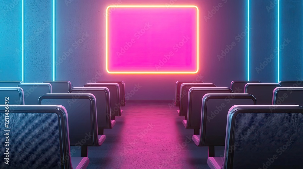 Poster Automated teaching ai idea. Modern conference room with neon lights and empty chairs ready for discussion.