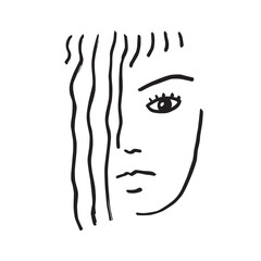 Head of a young woman is hand-drawn. Abstract vector portrait on an isolated background.