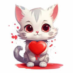 cute cartoon cat hold heart on white background, valentine day cat